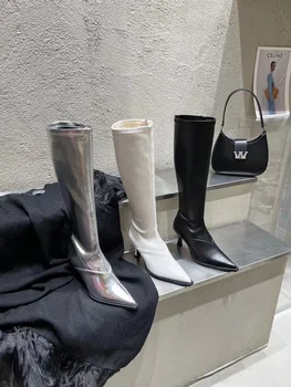 Moda Kadın Diz Yüksek Çizmeler Streç Ayakkabı Siyah Gümüş Beyaz Ince Yüksek Topuklu Yan Fermuar Parti Pompaları Bayanlar Çorap Çizmeler Kadın
