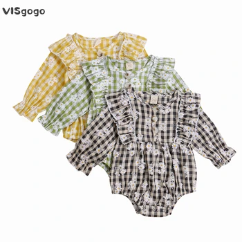 VISgogo Sonbahar Bebek Kız Giysileri Rahat Uzun Kollu Romper Moda Küçük Papatya Ekose Baskı Üçgen Tulumlar