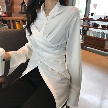 Deeptown Kore Tarzı Kadın Bluzlar Tunik Beyaz Casual Chic Zarif Kadın Moda Düzensiz Üst Uzun Kollu Gömlek Ofis Giyim