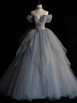 Mizaç Gri Mavi balo kıyafetleri V Yaka Zarif A-Line 3D Çiçek Aplikler Kat-Uzunluk Kapalı Omuz Backless gece elbisesi
