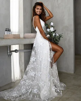 RÜYA Dantel Spagetti Sapanlar Yüksek Yarık düğün elbisesi 2022 Boho A-Line V Yaka Plaj Gelin Elbiseler Robe De Soiree Seksi gelin kıyafeti