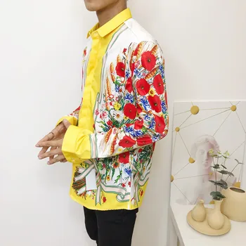 2021 Yeni Stil Erkekler 3D Çiçek Sarı Gömlek Uzun Kollu Dijital Baskılı Gömlek Moda Parti Kulübü Elbise Trend Desen Rahat Üst