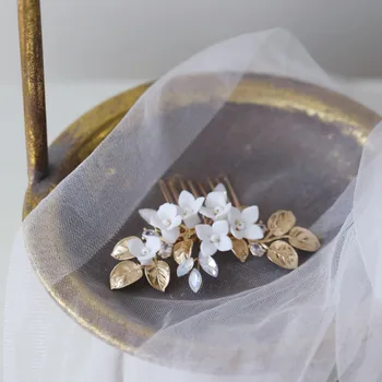 Seramik Çiçek Gelin Tarak Düğün saç parçası Altın Renk Alaşım Yaprak Kadın Başlığı El Yapımı Aksesuarlar