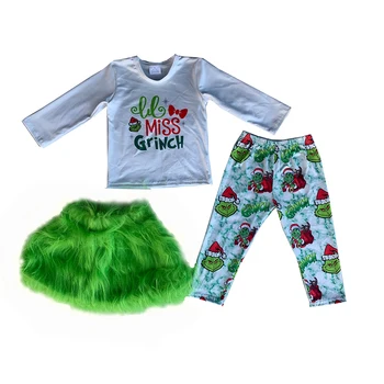 Toptan Çocuklar Noel Kıyafetleri Küçük Bayan Uzun Kollu Yeşil Karikatür Pantolon 3 Parça Kız Setleri