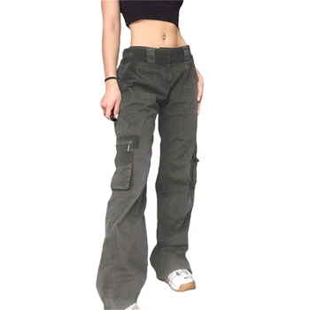 Kadın kargo Pantolon Punk Tarzı Grunge Siyah Kot Vintage Gotik Kadın Düz Uzun Pantolon Harajuku Streetwear Cepler ile