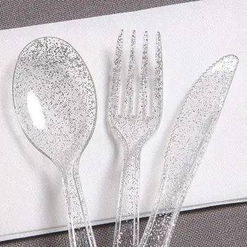150 Gümüş Plastik Gümüş-Tek Kullanımlık gümüş parıltılı plastik çatal-bıçak takımı-Plastik Sofra Takımı Dahil 50 Çatal 50 Bıçak 50 Kaşık 0