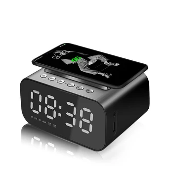 Çalar saat dijital bluetooth hoparlör FM Radyo İle Saat İle USB şarj aleti ve Kablosuz Qİ Şarj 3 Seviye Dijital Masaüstü Saat 4