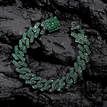Hip Hop Yeşil Kristal 14mm Eşkenar Dörtgen Prong Küba Link Zinciri Kolye Erkekler için Rhinestones Buzlu Out Zincir Kolye Gotik Takı