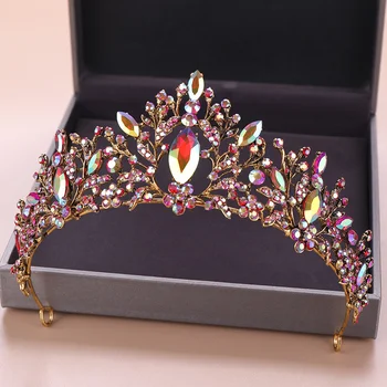 Barok Vintage AB Renkler Kristal Düğün Taç Prenses Gelin Diadem Tiaras Bantlar Balo Pageant Çiçek saç takı