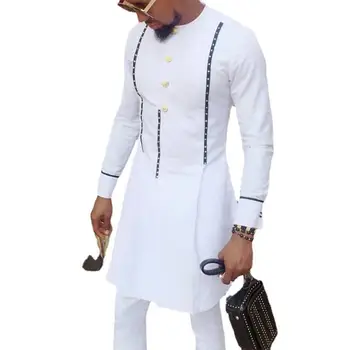 Yeni afrika kıyafeti Adam Dashiki Uzun Kollu Gömlek Beyaz Pantolon Seti Erkek 2 Parça Kıyafet Düğmesi Dekorasyon Erkek Giysileri