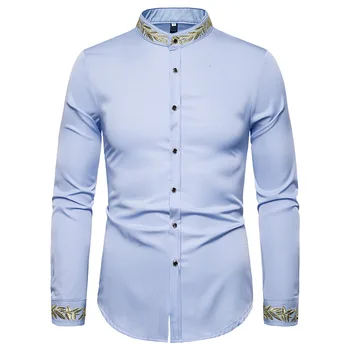 Erkek Nakış Mandarin Yaka Elbise Gömlek 2021 Marka Yeni Slim Fit Uzun Kollu Smokin Gömlek Erkek Rahat İş Chemise Homme