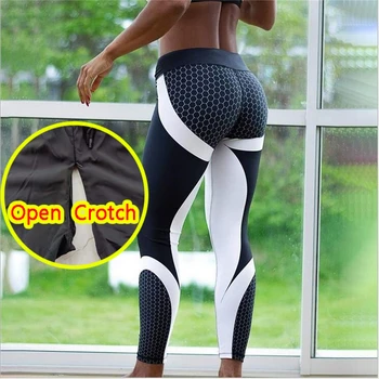 Kadın Açık Crotch Seksi Tayt Erotik Crotchless Spor Sıcak pantolon Nefes Elastik Jog Örgü Kulübü baskı bezi Açık Seks 2