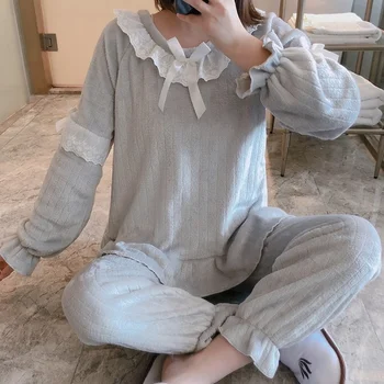 Kışlık pijama Setleri Kadın Mercan Kadife Dantel Rahat Yumuşak Kıyafeti Tatlı Ruffles Peluş Prenses İhale Pijama Rüzgar Geçirmez Basit