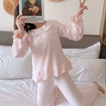Kışlık pijama Setleri Kadın Mercan Kadife Dantel Rahat Yumuşak Kıyafeti Tatlı Ruffles Peluş Prenses İhale Pijama Rüzgar Geçirmez Basit 5