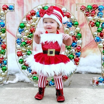 Bebek Kız Noel Elbise Sequins Beyaz Peluş Trim Patchwork Boyundan Bağlı Bluz Kolsuz Tutu Romper Tulumlar Şapka ile