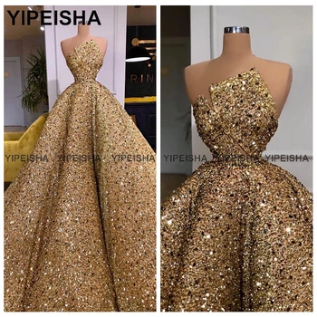 Yipeisha Sparkly Pullu Altın Quinceanera Elbiseler Straplez Kolsuz Balo Masquerade Elbise Tatlı 15 Yıl Elbisesi 2023 Yeni