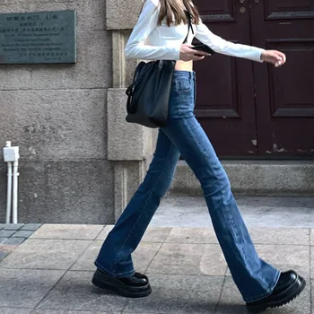 2021 Yeni Sonbahar Yaz Alevlendi Kot kadın Mavi Düz İnce Vücut Yüksek Bel Vintage Pantolon Kadın Kore Yeni Düz Renk Pantolon