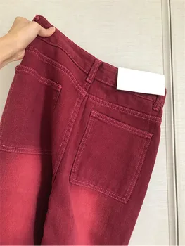 Yüksek Sokak Streetwear Şalvar Kot Kadın Kot Pantolon Yüksek Bel Y2k Vintage Yıkanmış Sıkıntılı Geniş Bacak Paspas Kırmızı Pantolon 2022 0