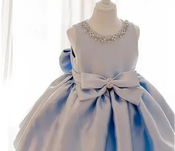 2017 Gökyüzü Mavi tül Prenses Kız Parti Elbiseler Elmas Büyük Yay düğün elbisesi Noel Çocuklar için Doğum Günü giysileri 12M-12Y