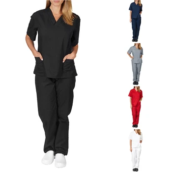 Kadın Erkek İş Giysisi Kısa Kollu v Yaka Üstleri + Pantolon Hemşirelik çalışma üniforması Takım Elbise Fırçalama Üniforma Tulum Giysileri