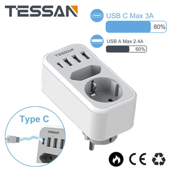 TESSAN AB Dikey Duvar Soket Adaptörü 2 Çıkışlı 3 USB Bağlantı Noktası ve 1 Tip C Fiş, 6-in-1 Çok Çıkışlı güç şeridi Ev için 2