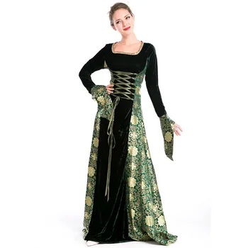 Kadın Rönesans Ortaçağ Elbise Gotik Jakarlı Kadife Kraliyet Prenses Elbisesi Cadılar Bayramı Partisi Cosplay Ortaçağ Kraliçe Kostümleri