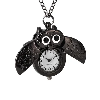 Yeni moda cep saati tam siyah baykuş kanatları açık kişilik kuvars cep saati kolye ile