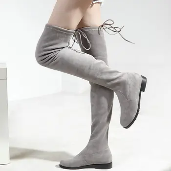 Yeni Moda Seksi Slim Fit Uyluk Over-the-Diz Uzun Çizmeler Kadın Rahat Düşük Topuk Muhtasar Elastik Çizmeler Retro Ayakkabı Bayanlar 43