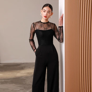 Moda 2022 Kadın Yaz Tulum Tulum Uzun Kollu Geniş Bacak Pantolon Dantel Siyah Giyim Bayanlar Tek Parça Kıyafetler Kadın