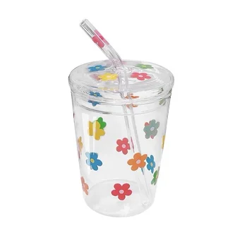 Uzun borosilikat cam Renkli Çiçek Kahve pipetli bardak ve kapaklı Yaratıcı Şeffaf Içme Süt çay fincanları Drinkware