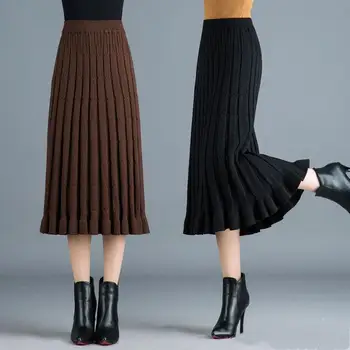 Örme Pilili Etek Uzun kadın 2020 Sonbahar Kış Uzun Etek Kalın Yün Yüksek Bel Kadın Etekler Mujer Faldas Saias Mulher