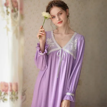 Vintage Uzun Kollu Gece Elbise Kadın İlkbahar Sonbahar Seksi Dantel Pamuk V Boyun Beyaz Peri Tatlı Nightgowns Gevşek Pijama Nightie