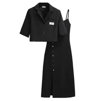 2022 Takım Elbise Kadın Kısa Kollu Blazer Askı Etek İki Parçalı Set Katı İnce Siyah Blazers Ve Askı Etek Elbise Yaz 1