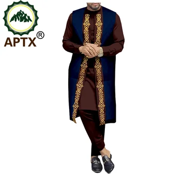 Afrika Takım Elbise Erkekler için Jakarlı APTX 3 Adet Katı Gömlek ve Pantolon + Jakarlı Kıyafet Yüksek Kaliteli Pamuk T2016020 5