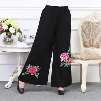 Kadınlar Çiçek İşlemeli Uzun pantolon İlkbahar Yaz Pamuk Keten Halk özel Orta Yaşlı Yaşlı Kadın Geniş bacak Pantolon Etek Pantolon W1985