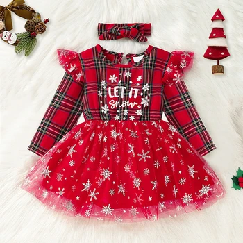 Toddler Kız Noel Tül Patchwork Elbise Uzun Kollu Fırfır Ekose Mektup Baskı Elbise Kafa Bandı ile çocuk giyim