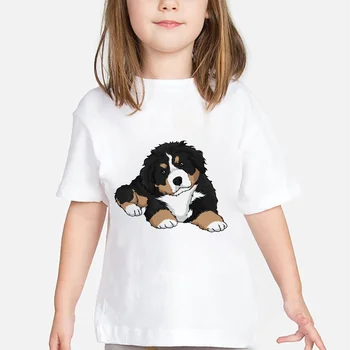 Bernese Dağ Köpek Karikatür Kız Elbise Moda Kawaii Harajuku 8 10 12 Yıl Çocuk T-shirt Beyaz Temel Üstleri Yaz Çok Yönlü