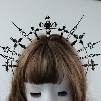DIY El Yapımı Malzeme Lolita Halo Taç Gotik Siyah Çapraz Kafa Bandı Tanrıça Tiara kafa Parçası Kadınlar İçin Couronne Gothique Noire