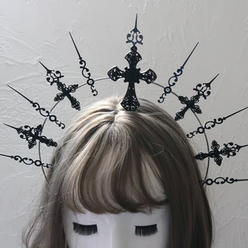 DIY El Yapımı Malzeme Lolita Halo Taç Gotik Siyah Çapraz Kafa Bandı Tanrıça Tiara kafa Parçası Kadınlar İçin Couronne Gothique Noire 4