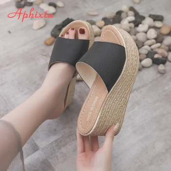 Aphixta Yaz Kadın Ayakkabı Platformu Kama Terlik Plaj Yüksek Topuklu Kadın Terlik Bayan ayakkabıları Mantar Altın Topuk Flip Flop Sandalet