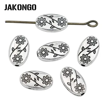 JAKONGO Oval Çiçek Spacer Boncuk Antik Gümüş Kaplama Gevşek Boncuk Takı Yapımı Bilezik Aksesuarları DIY 40 adet / grup