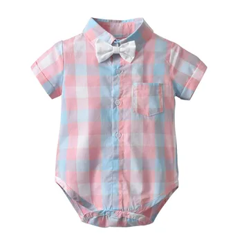 Yaz Erkek Bebek Giysileri Takım Elbise Beyefendi Erkek Kısa Kollu Ekose gömlek +Tulum Şort Kravat pamuk Düğün Erkek Giysileri Seti