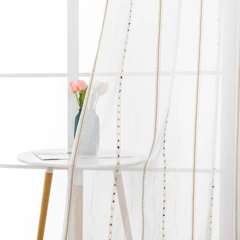 TPS Tül Renkli Çizgili İşlemeli Vual Perdeler Oturma Odası için Pencere Tedavi Sırf Perdeleri Yatak Odası Mutfak için Perdeler