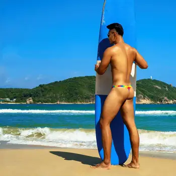 WG2 parlak gökkuşağı baskı seksi erkekler yarım paketi kalça mayo erkekler bikini düşük bel sıkı mayolar eşcinsel erkekler tanga yüzmek mayo külot 1