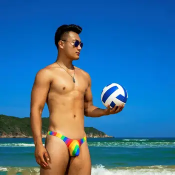 WG2 parlak gökkuşağı baskı seksi erkekler yarım paketi kalça mayo erkekler bikini düşük bel sıkı mayolar eşcinsel erkekler tanga yüzmek mayo külot 4