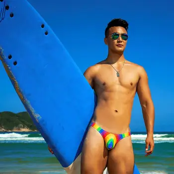 WG2 parlak gökkuşağı baskı seksi erkekler yarım paketi kalça mayo erkekler bikini düşük bel sıkı mayolar eşcinsel erkekler tanga yüzmek mayo külot 5