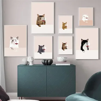Komik Kedi Posteri Beyaz Kediler İçecek Kırmızı Şarap Tuval Boyama Posteri ve Baskılar Oturma Odası Dekorasyon Ev Dekor için Resim 0