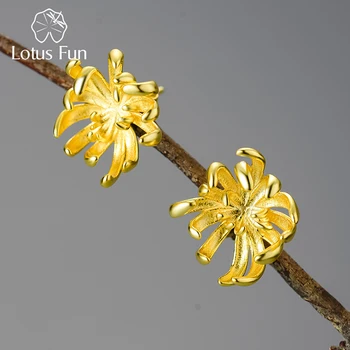 Lotus Eğlenceli 18K Altın Zarif krizantem çiçeği Saplama Küpe Kadınlar için Hediye Orijinal Gerçek 925 Ayar Gümüş Güzel Takı 2022