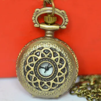 6010 İçi boş çiçek tasarım kolye Vintage kolye cep saati bronz Steampunk küçük kuvars Fob Bayan