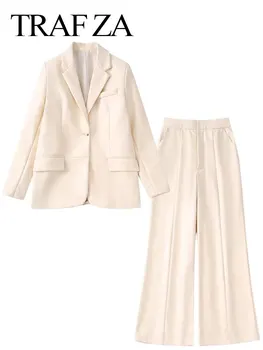 TRAF ZA Ofis Banliyö Kadın Seti Blazer Ceket Katı Bej Tek düğme Uzun kollu Ceket + Pantolon Zip Cep Geniş bacak Pantolon